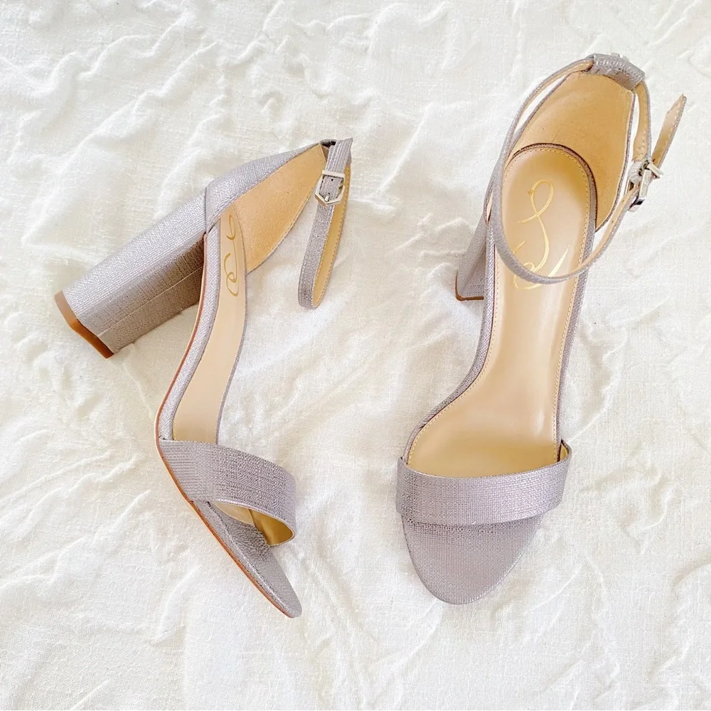 Sam Edelman Silver Textured Ankle-Strap Block Heel Sandals